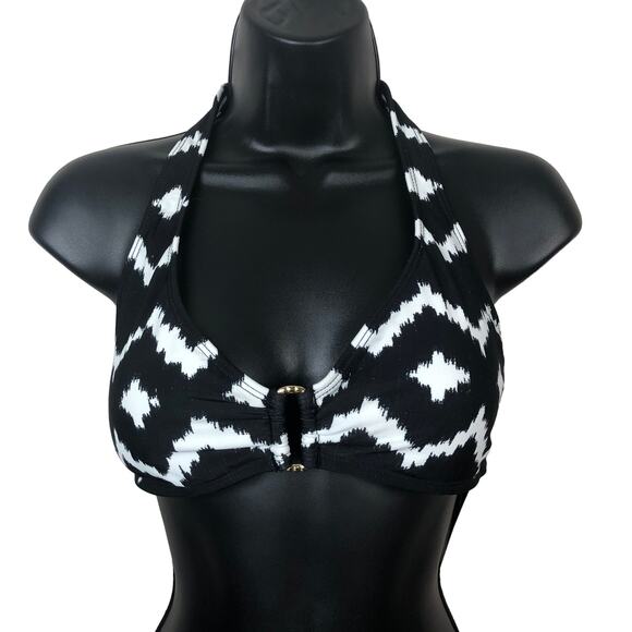 NEW CHAPS Womens 10 Chevron Print Halter Bikini Swim Top Black White - Picture 1 of 8